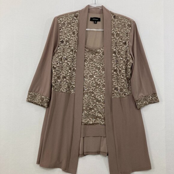 R&M Richards size 16 Light Brown Metallic Sequins Floral Layered Top Event - Picture 1 of 11